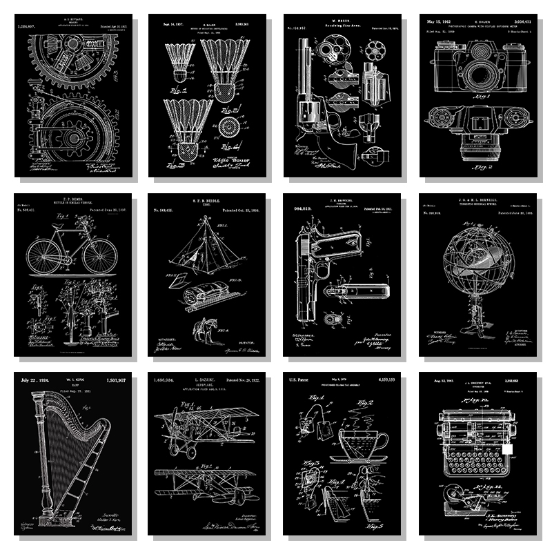 Sports Equipment Drawing - สิทธิบัตรสีดําและสีขาวโปสเตอร์เครื่องดนตรี Vintage อุปกรณ์กีฬาปืนวาดผ้าใบพิมพ์โปสเตอร์ Home Room decor